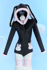 Cute Bunny Furry Bodycon Romper Kawaii Black Rabbit Bodysuit with Choker Tail and Stocks